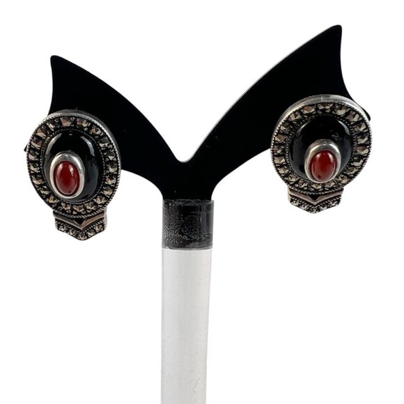 Art Deco Style Sterling Marcasite Onyx Carnelian Clip On Earrings Heirloom 73 - Picture 1 of 5